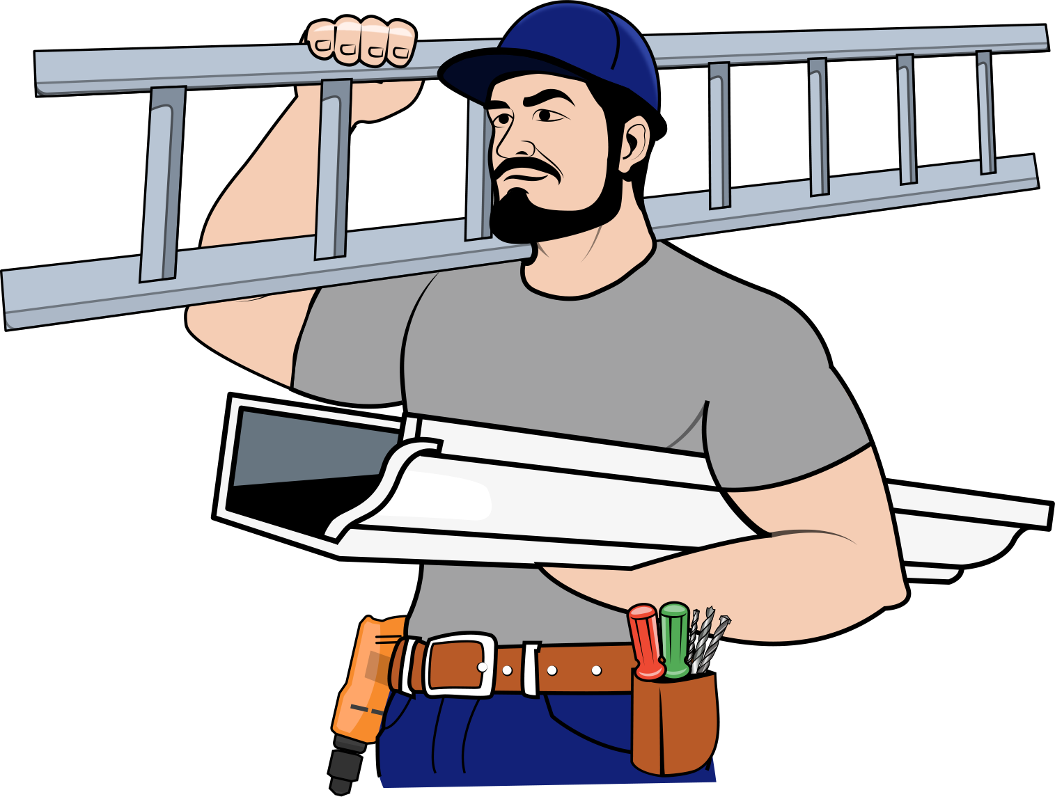 A man is carrying a ladder over his shoulder and holding a piece of paper.