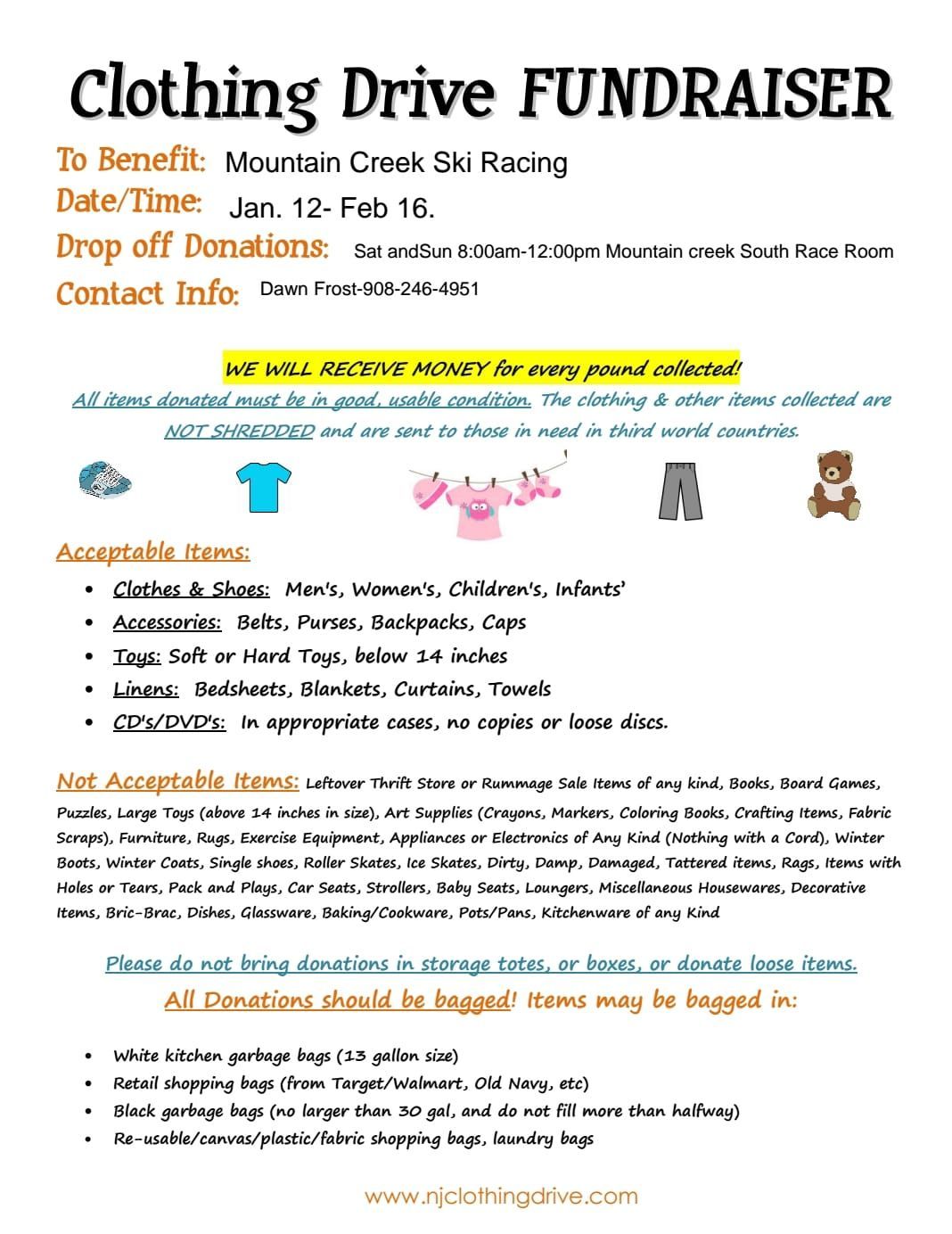 Clothing drive fundraiser for Mountain Creek B Racing. Dates: Jan. 12 - Feb. 16. Drop-off information provided.