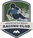 Mountaincreek Racing Club logo: skier in motion, dark blue, on green background; text 