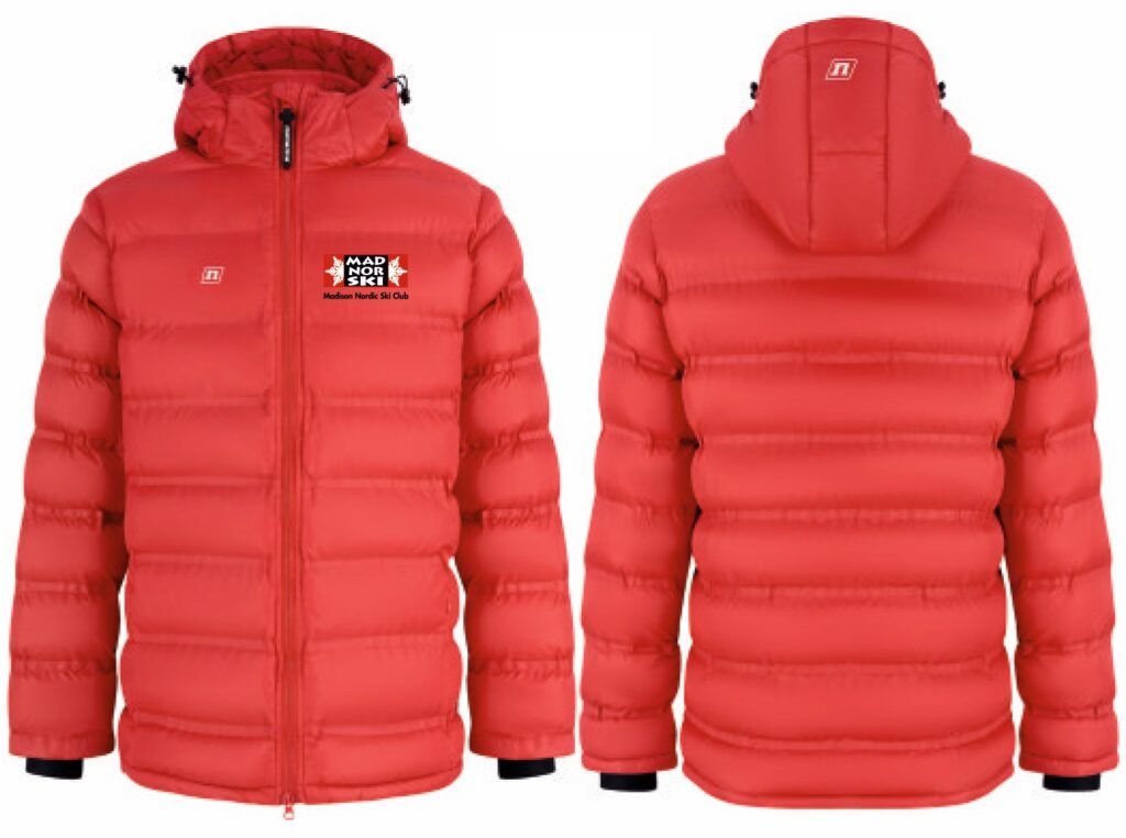 Red puffy winter jacket with a hood, front and back views. Features a small logo on the front.