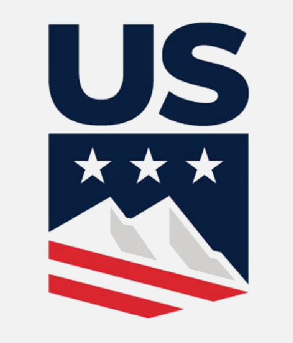 US logo with a blue shield, stars, and mountains; red and white stripes.