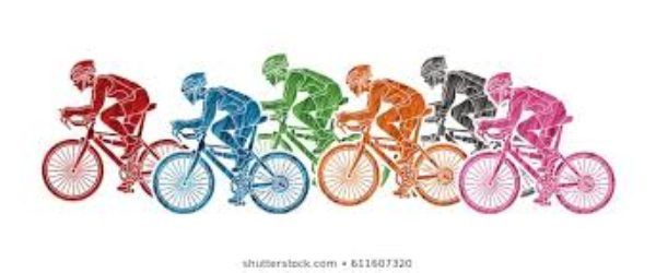 Cyclists racing in a line, each in a different color, on a white background.