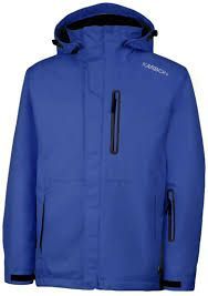 Red puffy winter jacket with a hood, front and back views. Features a small logo on the front.