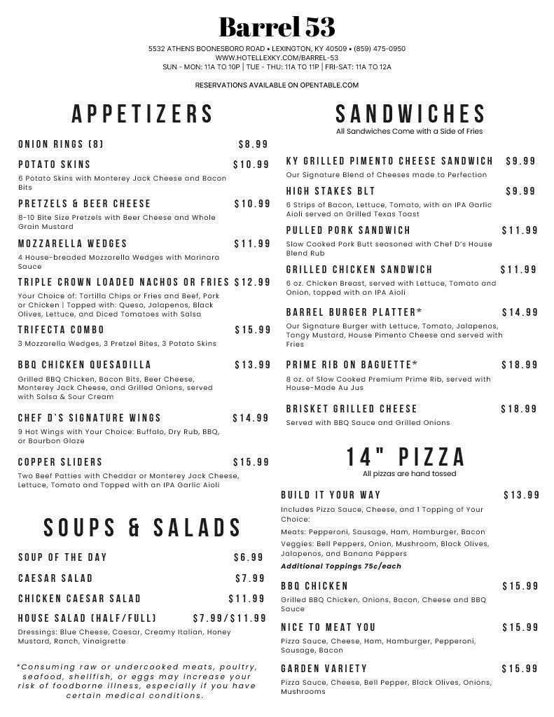 A menu for barrel 3 restaurant and grill with a black background.