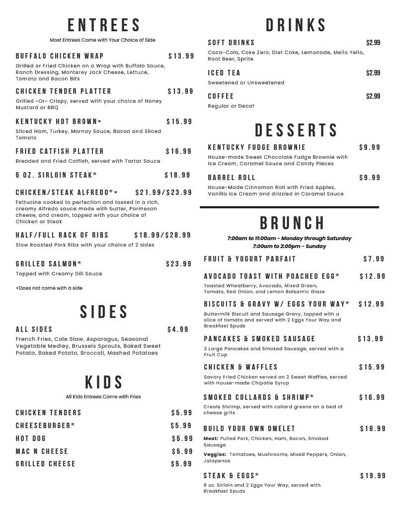 A menu for barrel 3 restaurant and grill with a picture of a barrel on it