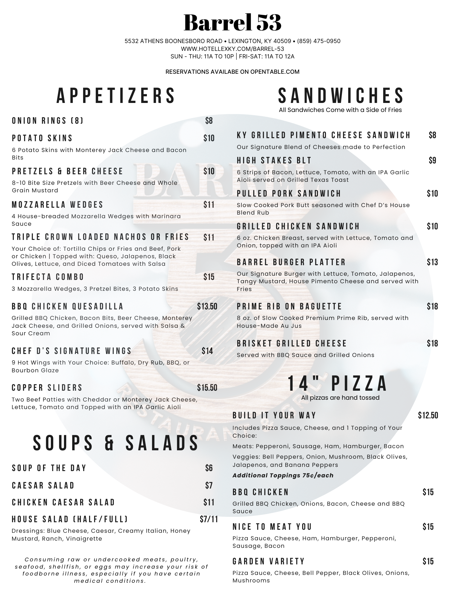 A menu for barrel 3 restaurant and grill with a black background.