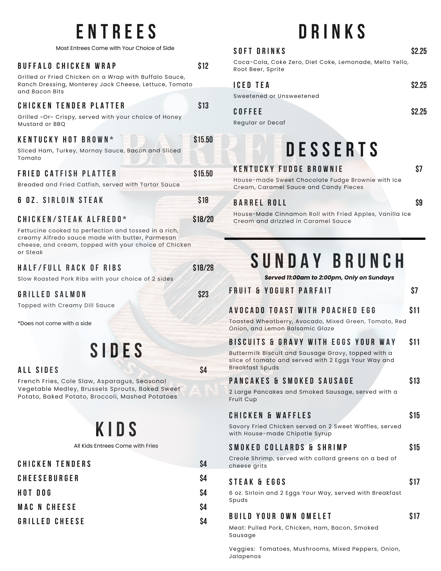 A menu for barrel 3 restaurant and grill with a picture of a barrel on it