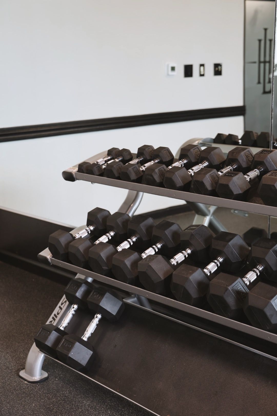 A bunch of dumbbells are stacked on a rack in a gym