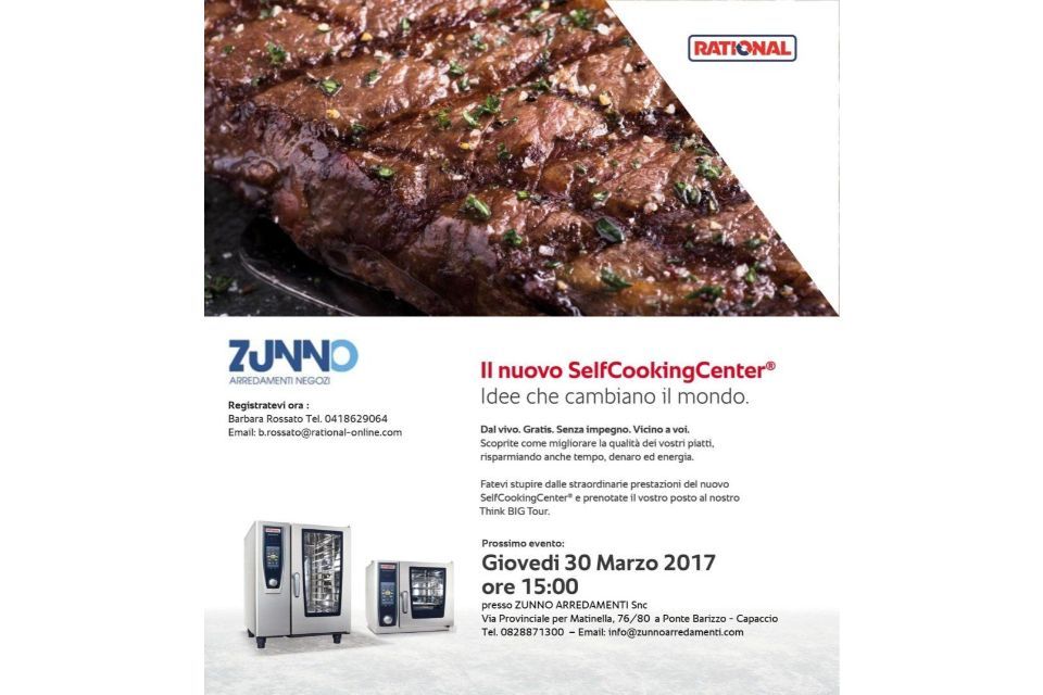 Pubblicità per il SelfCookingCenter di ZUNNO, che propone arrosti di carne e forni commerciali. Testo in italiano.