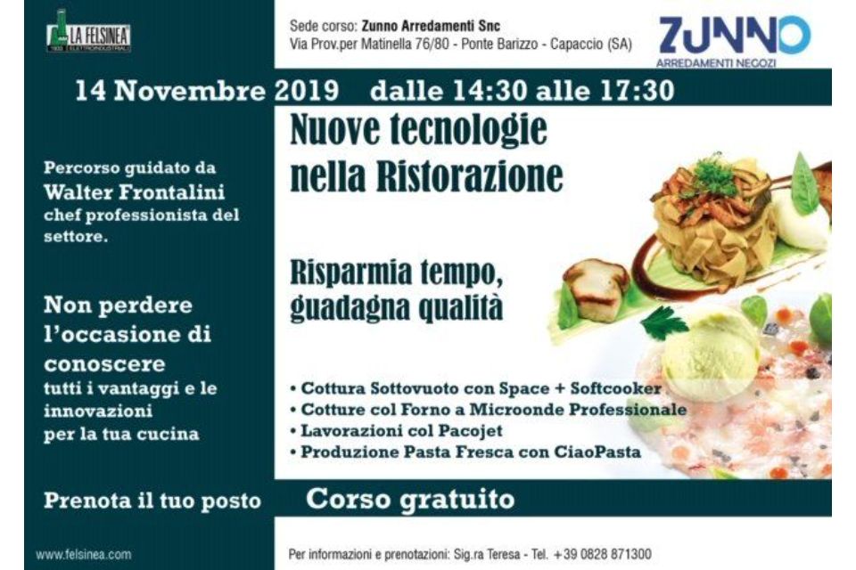 Volantino per un corso di cucina gratuito sulle nuove tecnologie nei ristoranti, 14 novembre 2019.