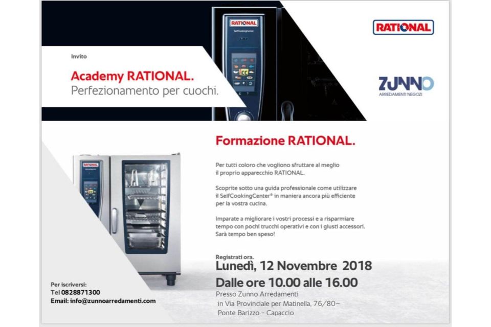 Annuncio dell'evento formativo dell'Academy RATIONAL. Presenta un forno Rational e dettagli per il 12 novembre 2018.