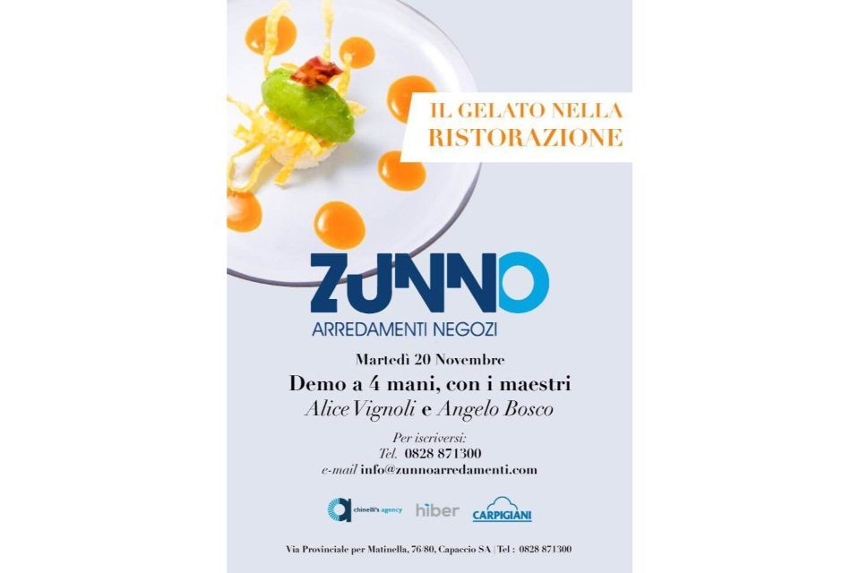 Manifesto per una dimostrazione di gelato. Blu e bianco con la foto di un dessert servito su un piatto. Contiene testo per ZUNNO e istruttori.