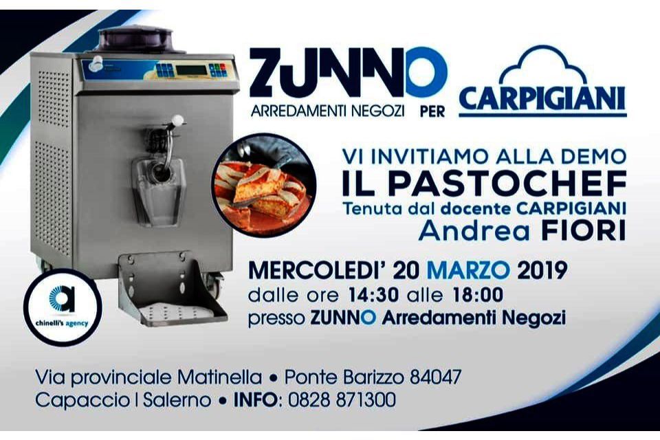 Advertisement for a Pastochef demo by Andrea Fiori at Zunno, March 20, 2019, in Capaccio, Italy.