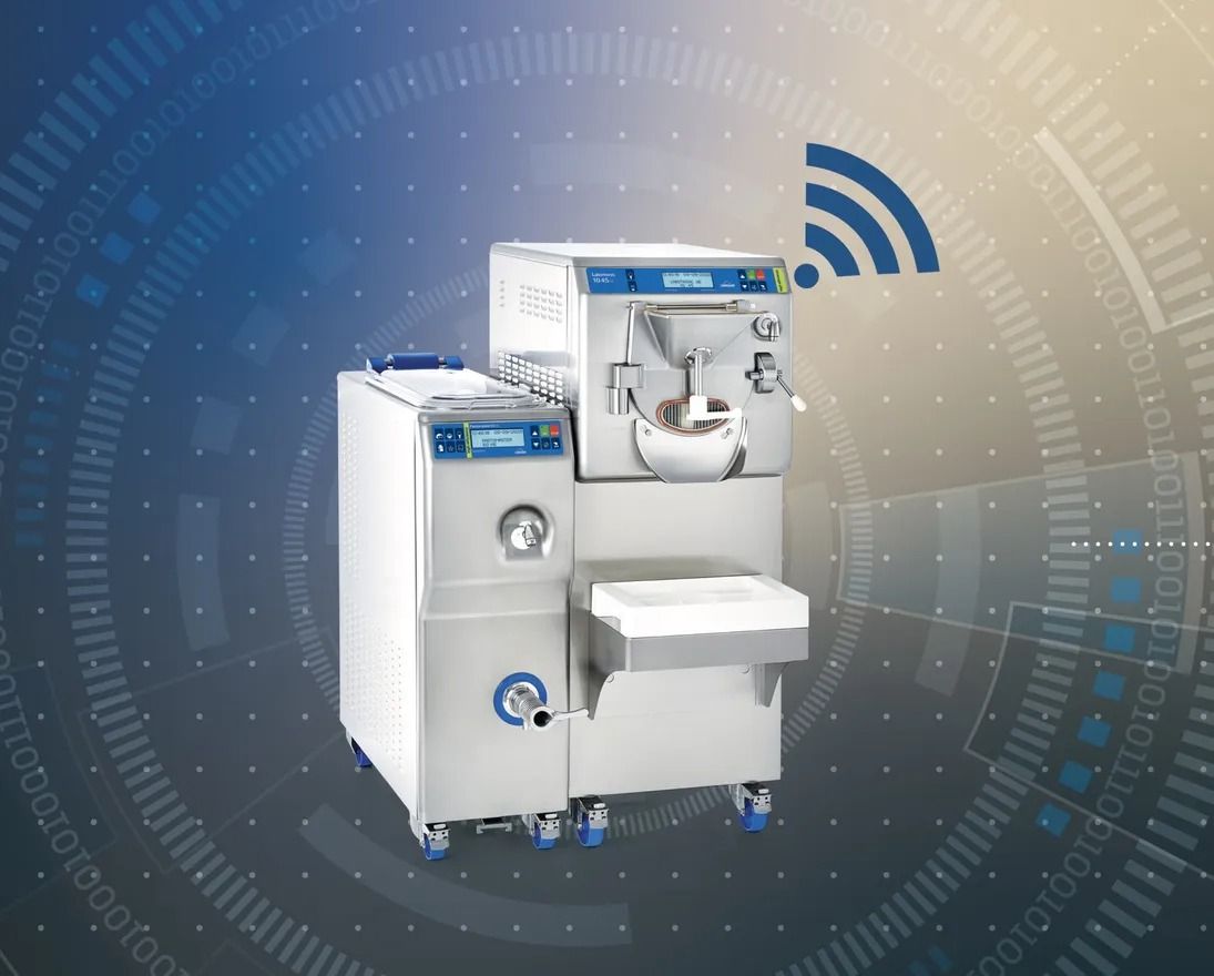 Macchina per il gelato con il simbolo del Wi-Fi su sfondo blu.