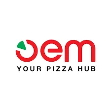 Logo per Oem: testo rosso con una fetta di pizza verde in un cerchio rosso; slogan "Your Pizza Hub".