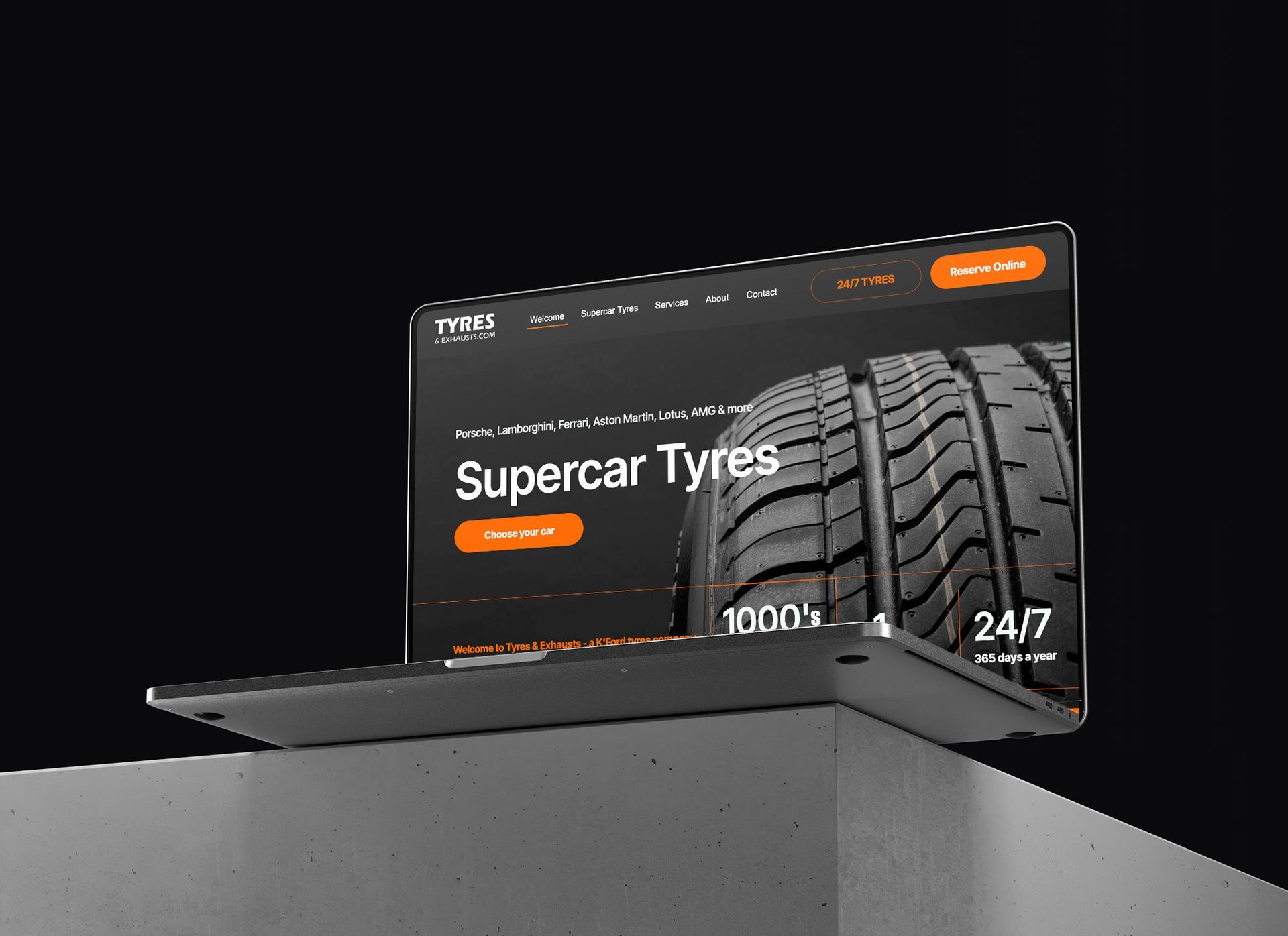 Three screens showing Supercar Tyres on a website, laptop, tablet and smartphones all lined up left to right.