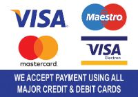 A graphic with the Visa, Maestro and Mastercard logos. It explains that we accept payment using all major credit and debit cards.