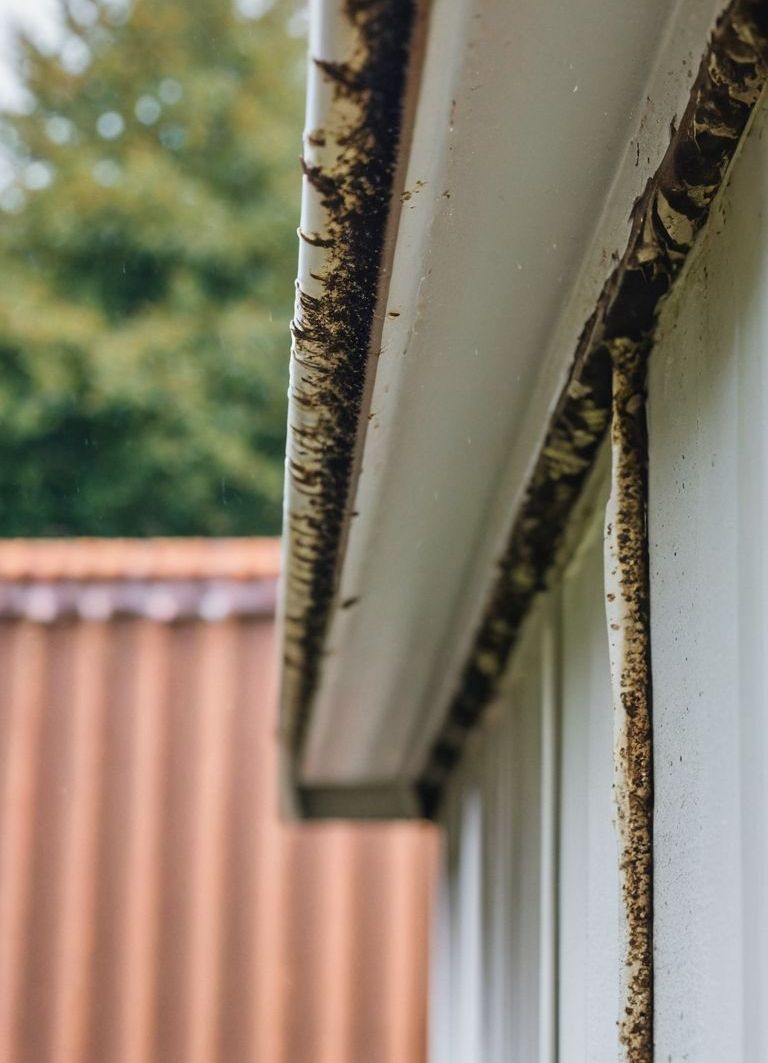 A close up of a gutter on the side of a building.