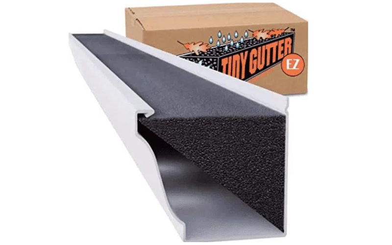 A picture of a gutter next to a box that says tiny gutter