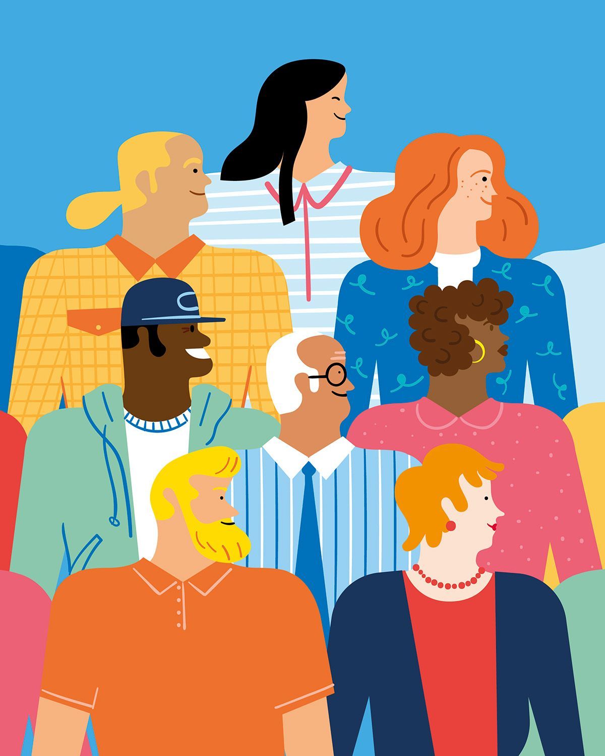 Diverse group of people smiling. Light blue background.
