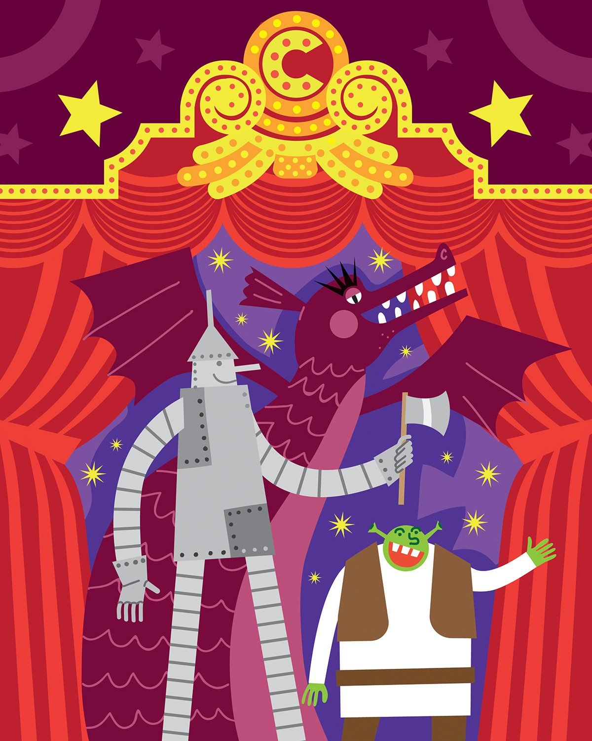 On a stage, Tin Man, dragon, and Shrek in a play. Red curtains, stars.