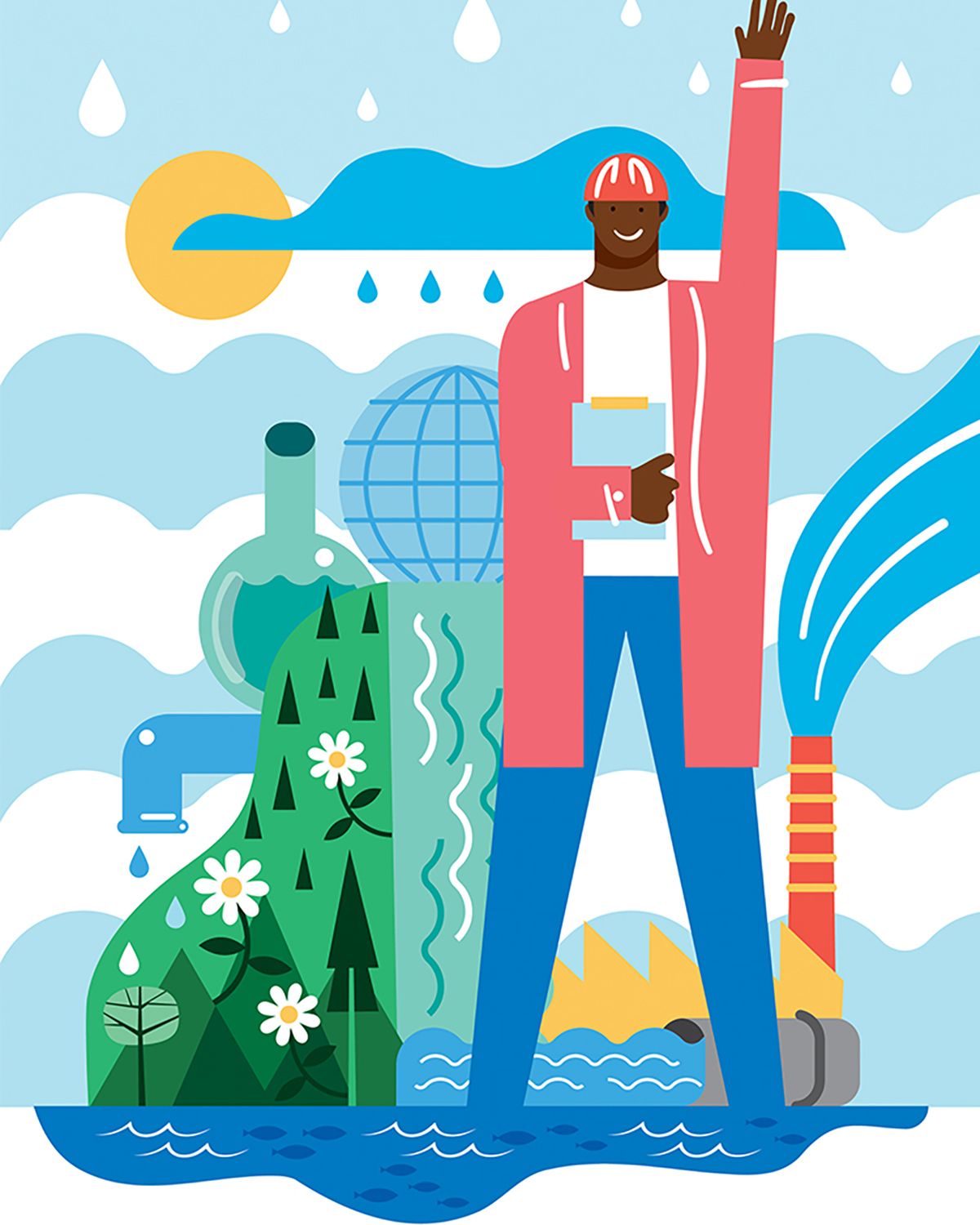 An environmental scientist with raised arm, overseeing nature and industry: water, air, trees, and pollution.