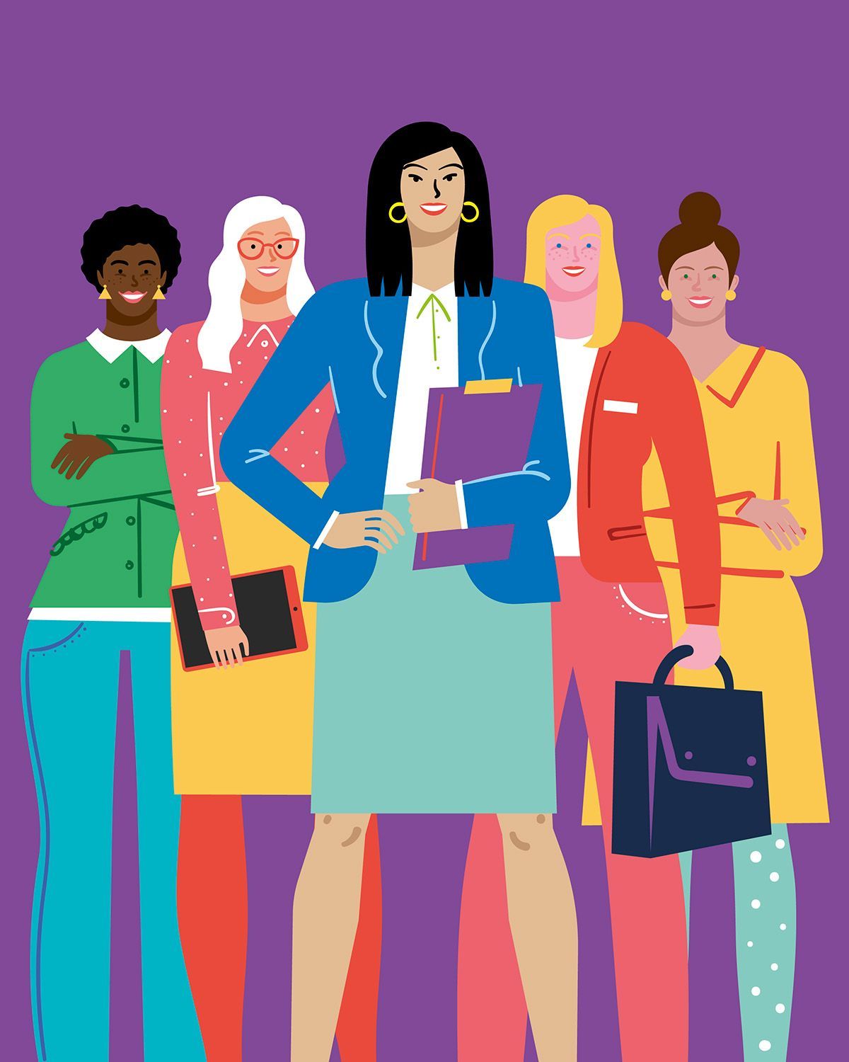 Group of diverse women standing confidently; purple background.
