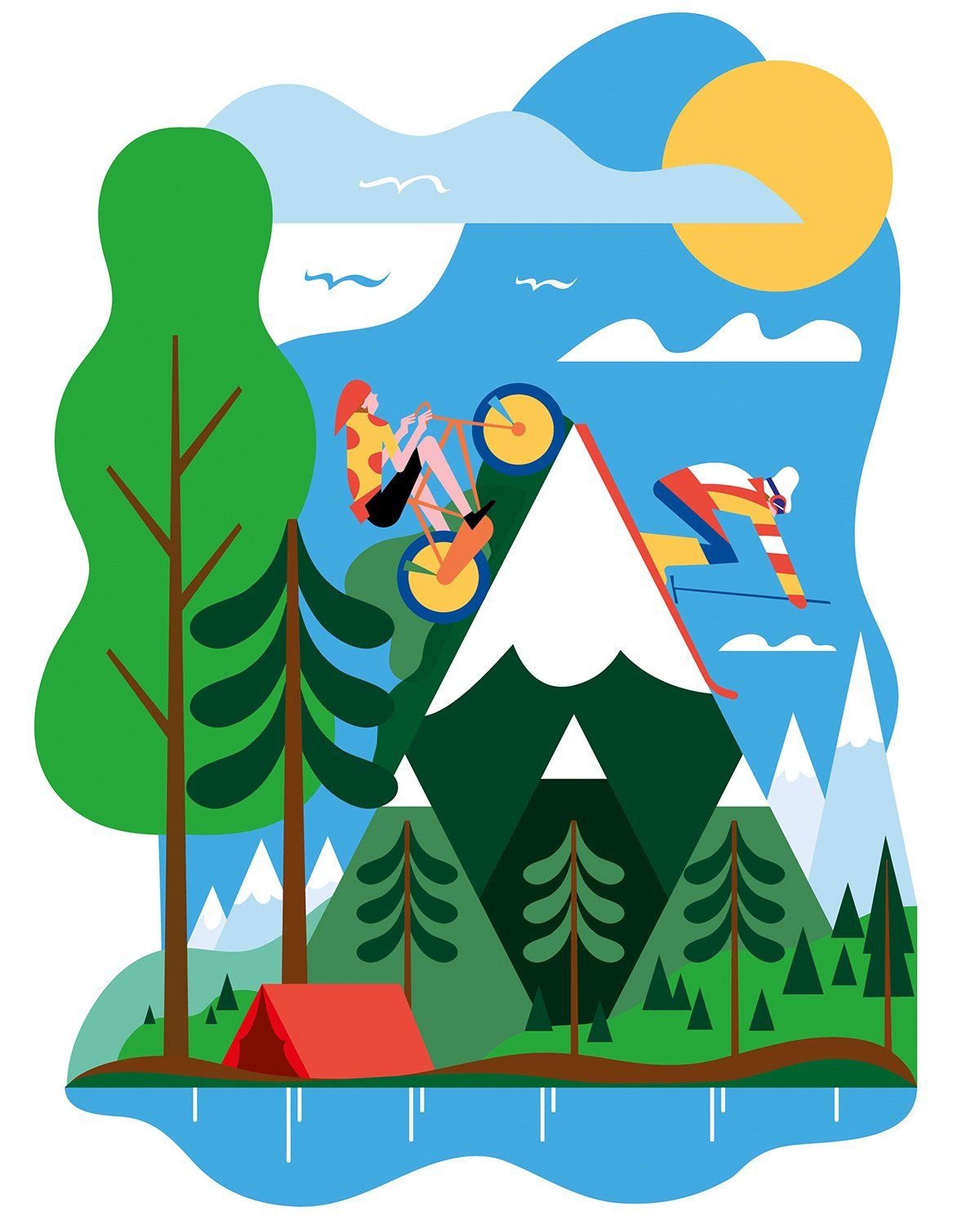 Mountain biking over mountain peak, another person skiing, sunny outdoors with a lake and trees.