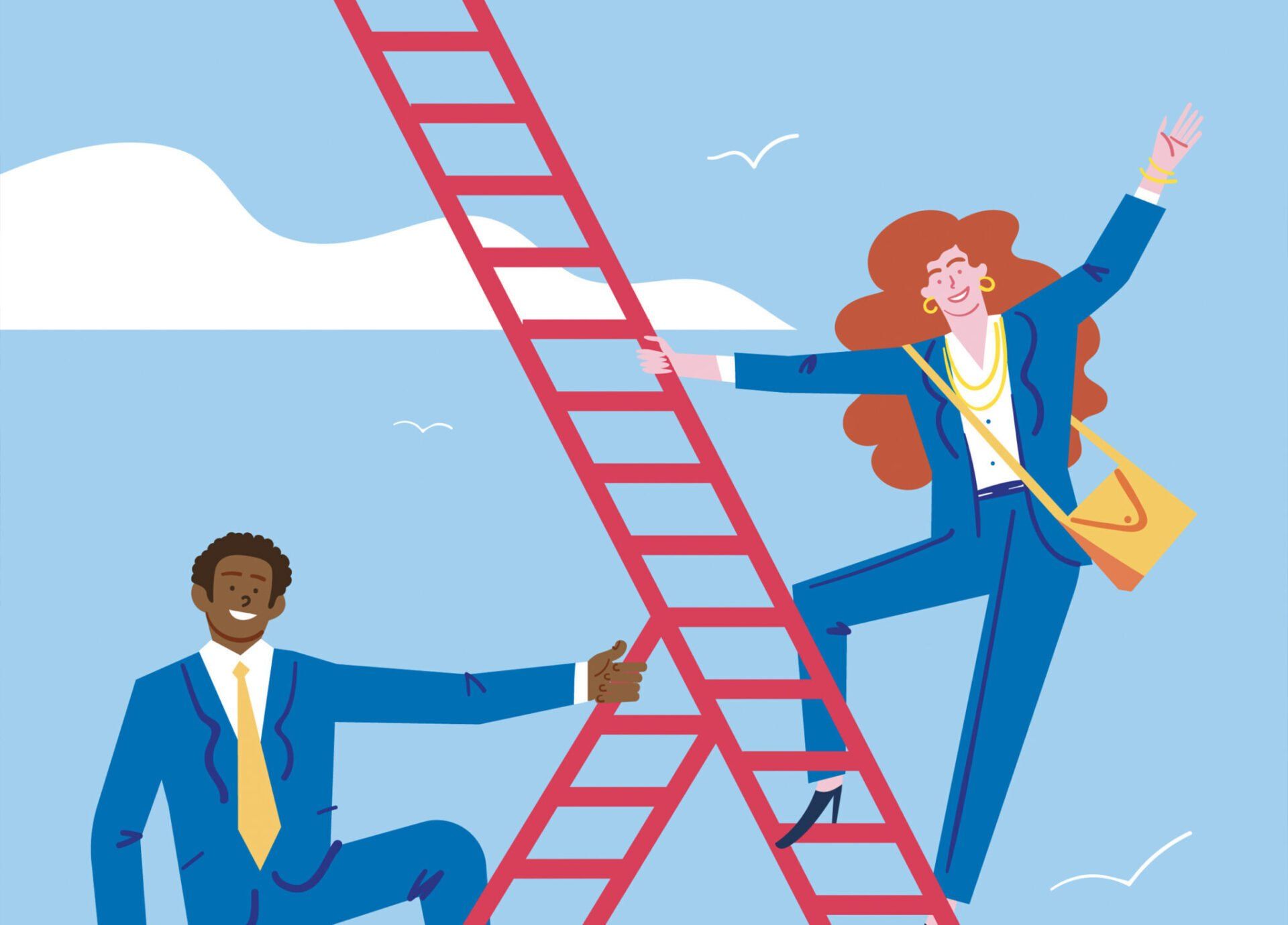 A person helps another climb a red ladder toward success. They are smiling and reaching. Blue sky background.
