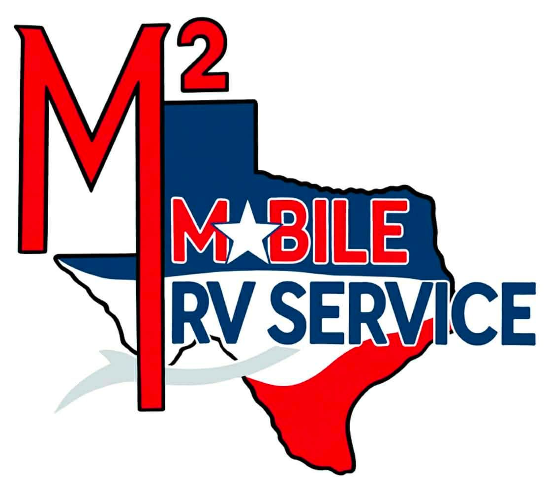 Logo for M² Mobile RV Service in Texas, featuring the state outline. Red 