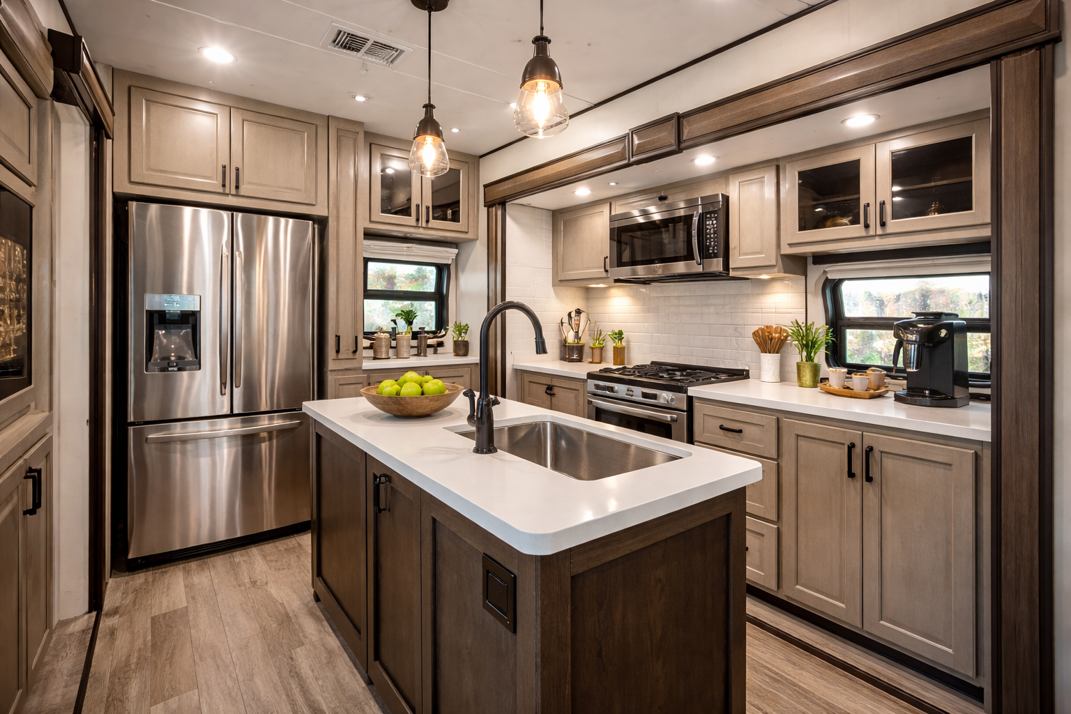 RV kitchen with stainless steel appliances, light wood cabinets, and an island with a sink.