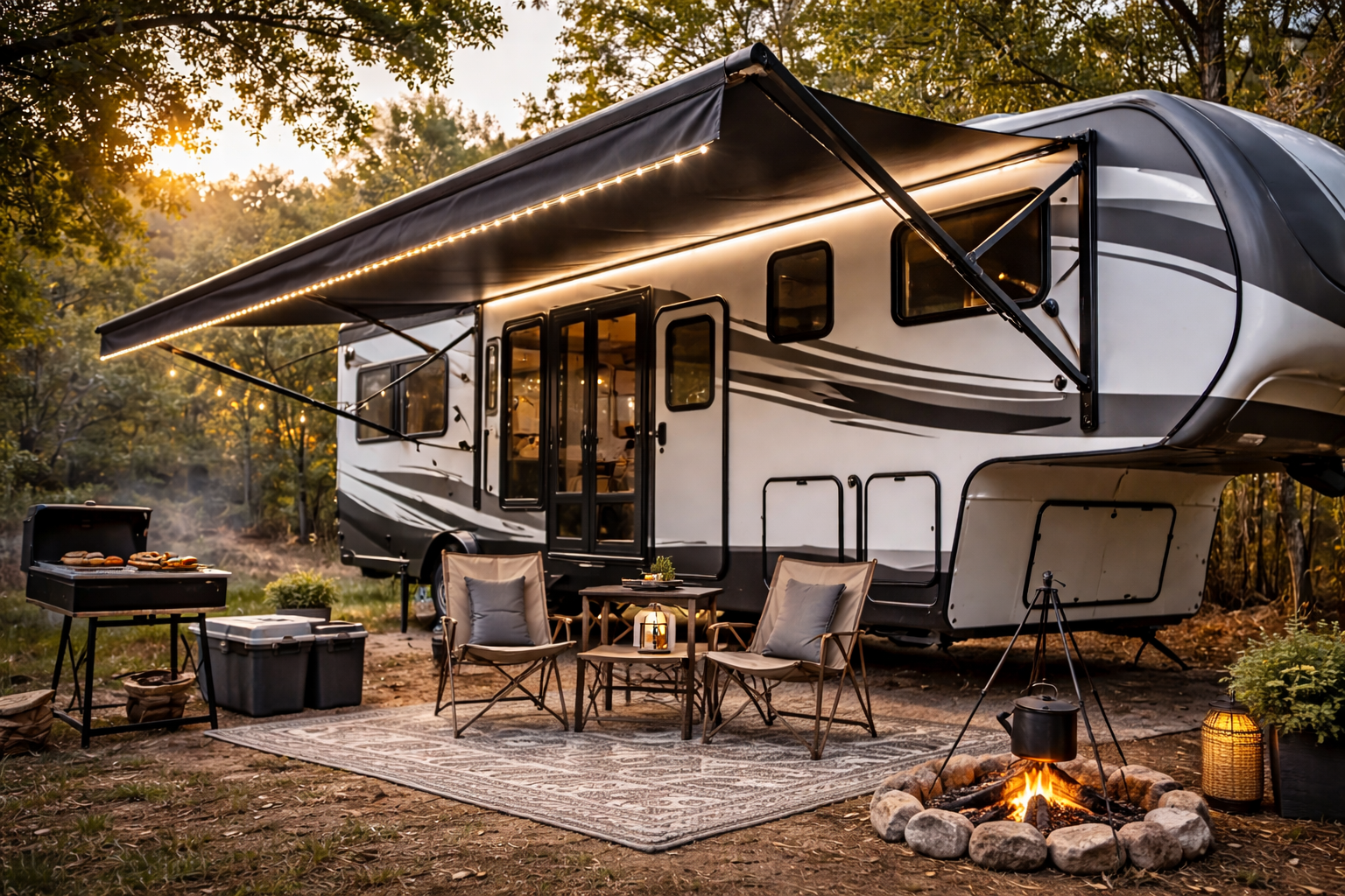 RV parked in a wooded area with awning extended, outdoor seating, grill, and campfire lit at sunset.
