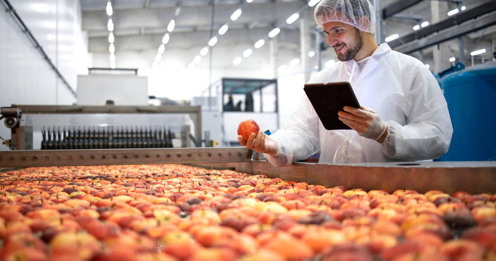 Man in lab coat inspecting peaches in a food processing facility, using a tablet.