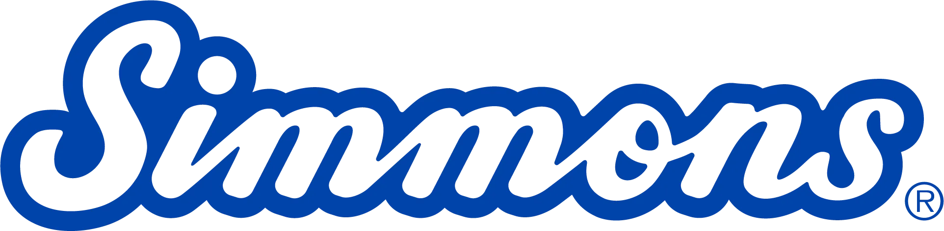 Simmons logo in blue script, with a white outline.