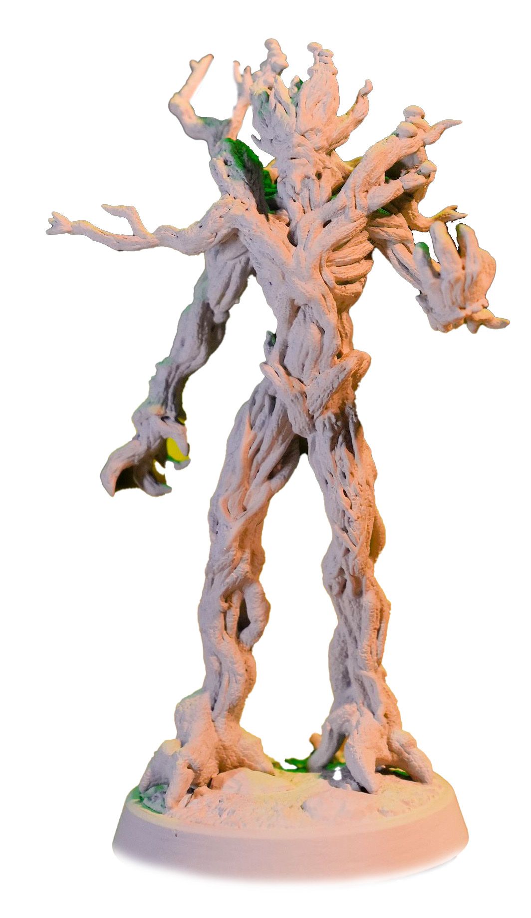 A statue of a tree with roots and leaves on a white background.