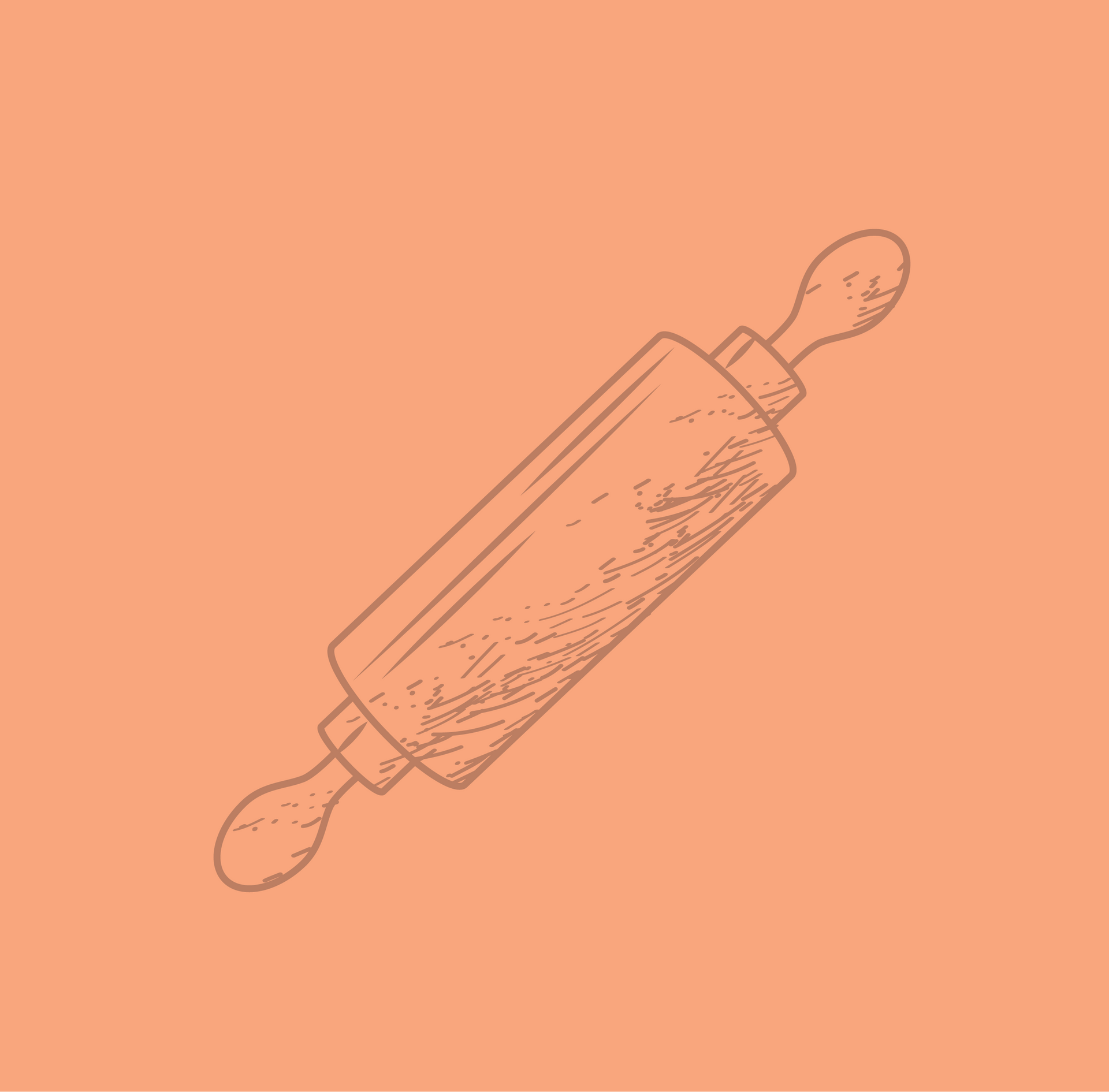 A wooden rolling pin with two wooden handles on an orange background.