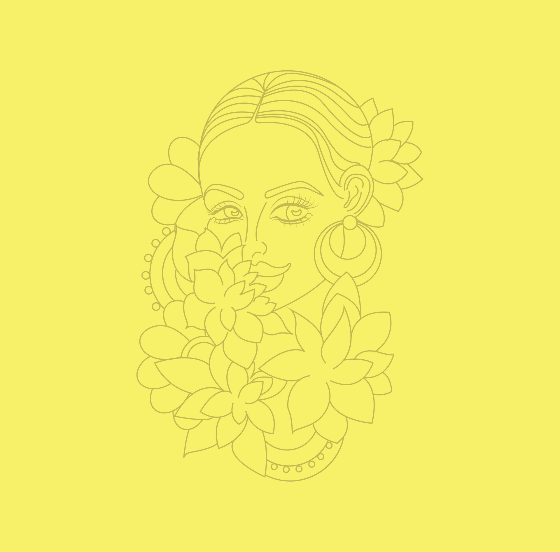 A line drawing of a woman with flowers in her hair on a yellow background.