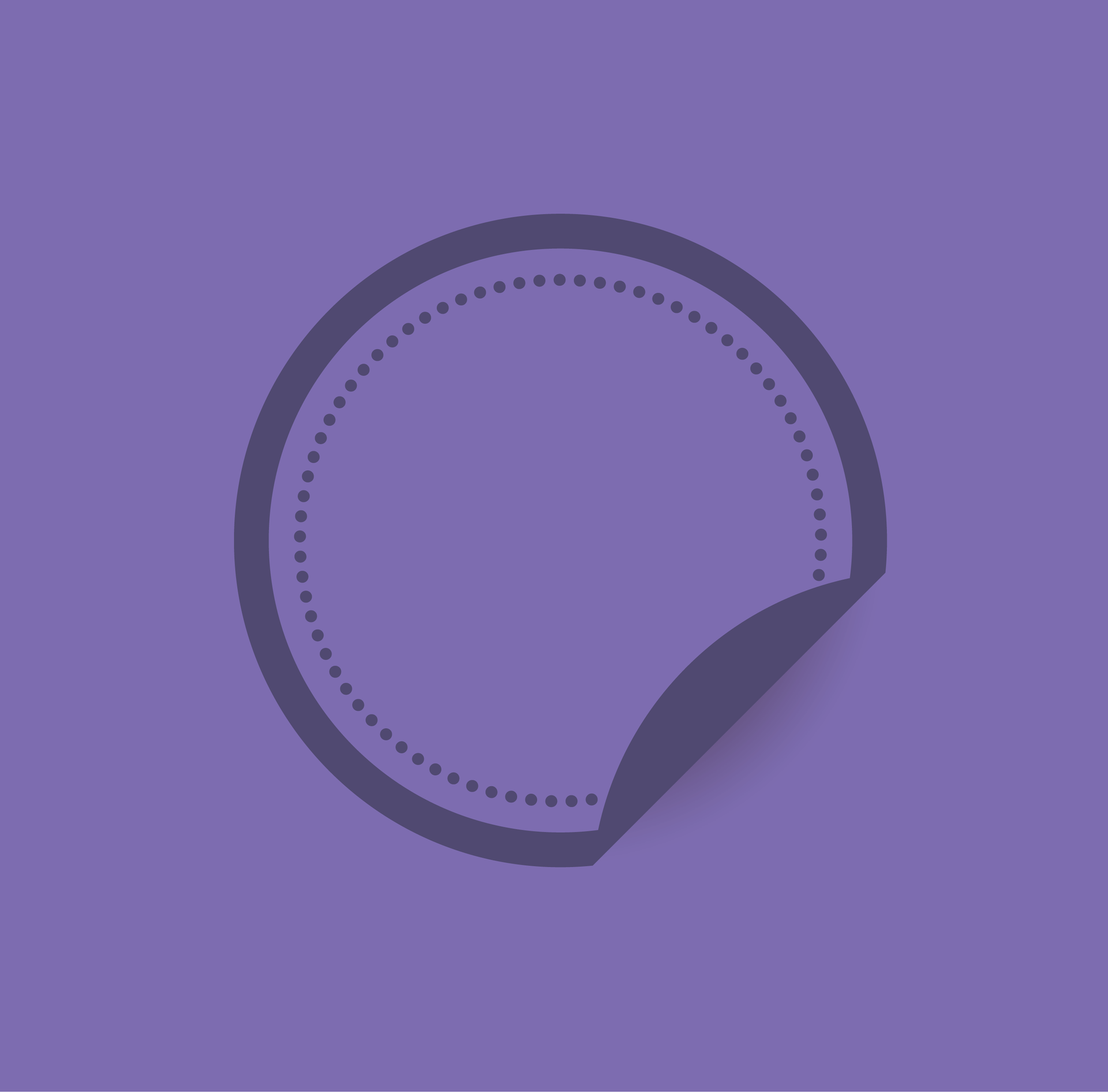 A purple sticker with a curved corner on a purple background.
