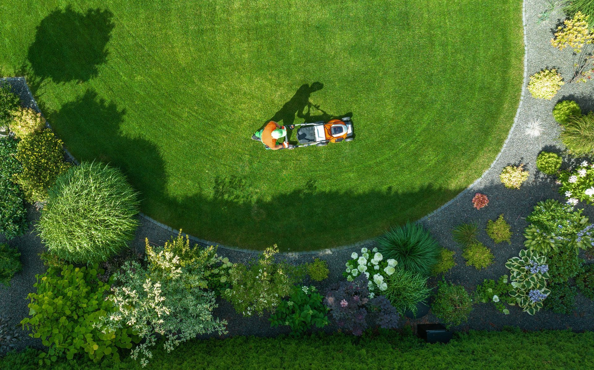 Aerial view of person mowing a circular lawn surrounded by a garden bed of shrubs and flowers.