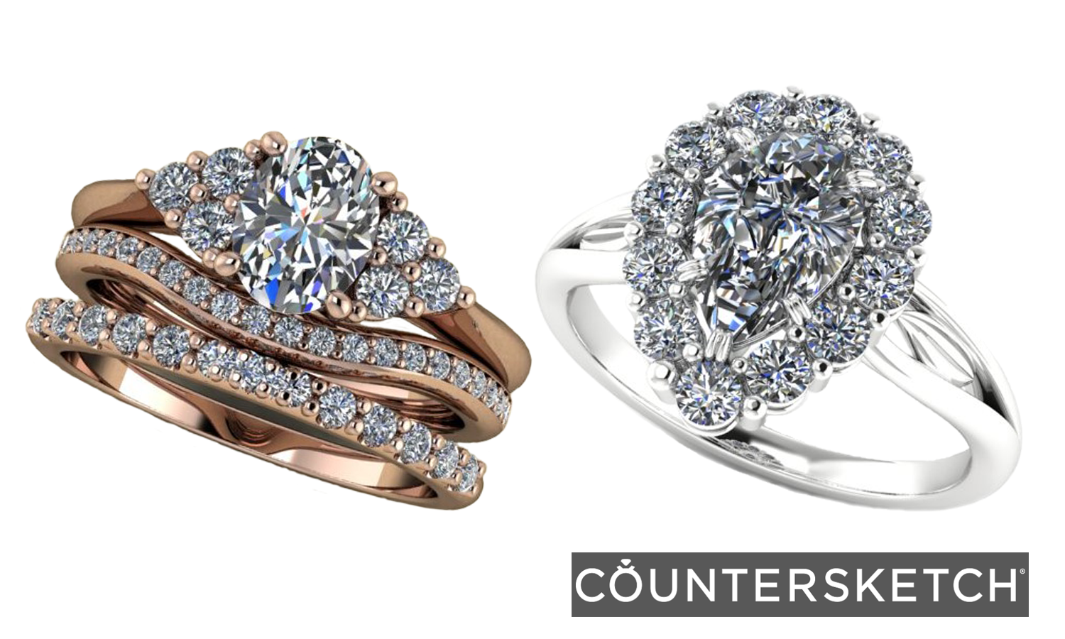 rose gold wedding set and white gold engagement ring designed by Virginia Davis with CounterSketch