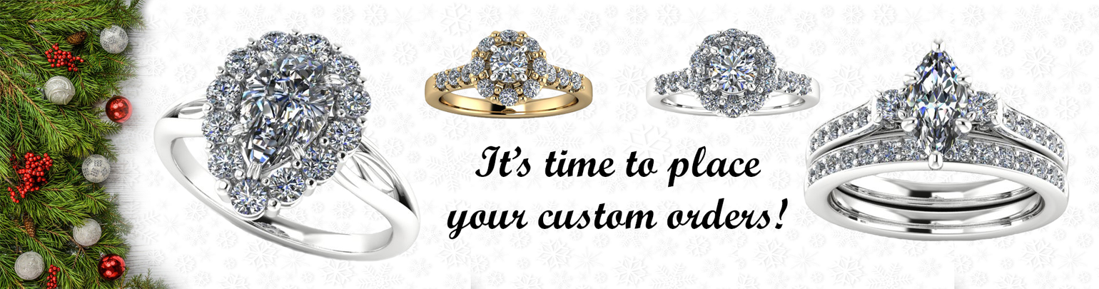 engagement and wedding rings designed by Westover Jewelers on a background of snowflakes and Christmas decorations