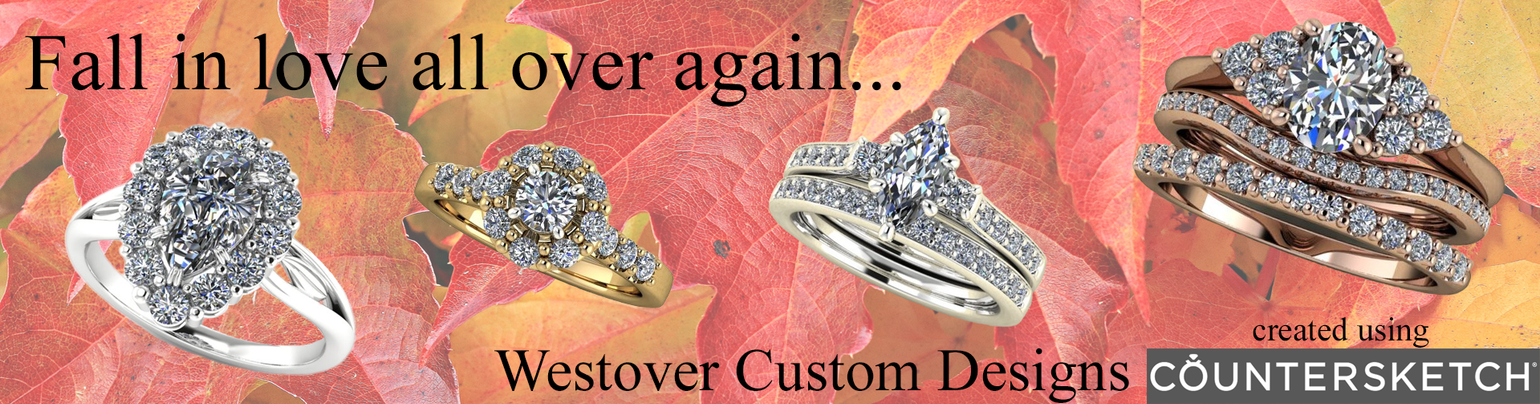 engagement and wedding rings designed by Westover Jewelers on a background of autumn leaves