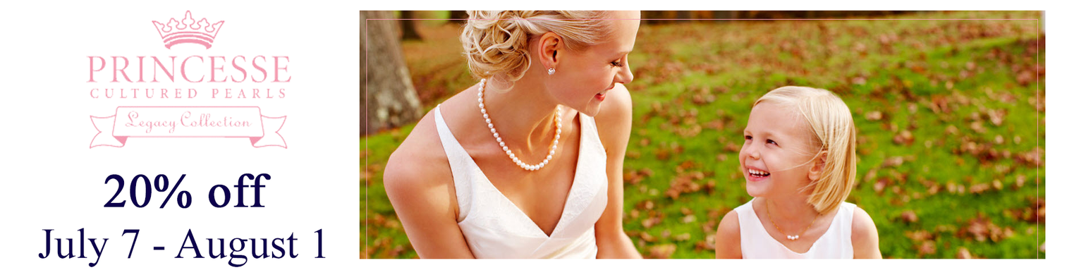Princesse Pearls on sale! A woman and young girl outdoors wearing white dresses and pearls