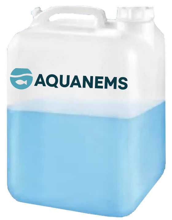 A white plastic container filled with blue liquid and the word aquanems on it.