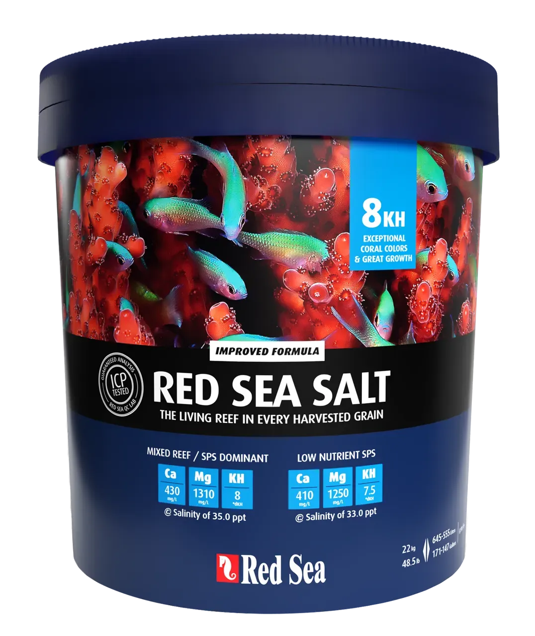 A bucket of red sea salt with a picture of fish on it.