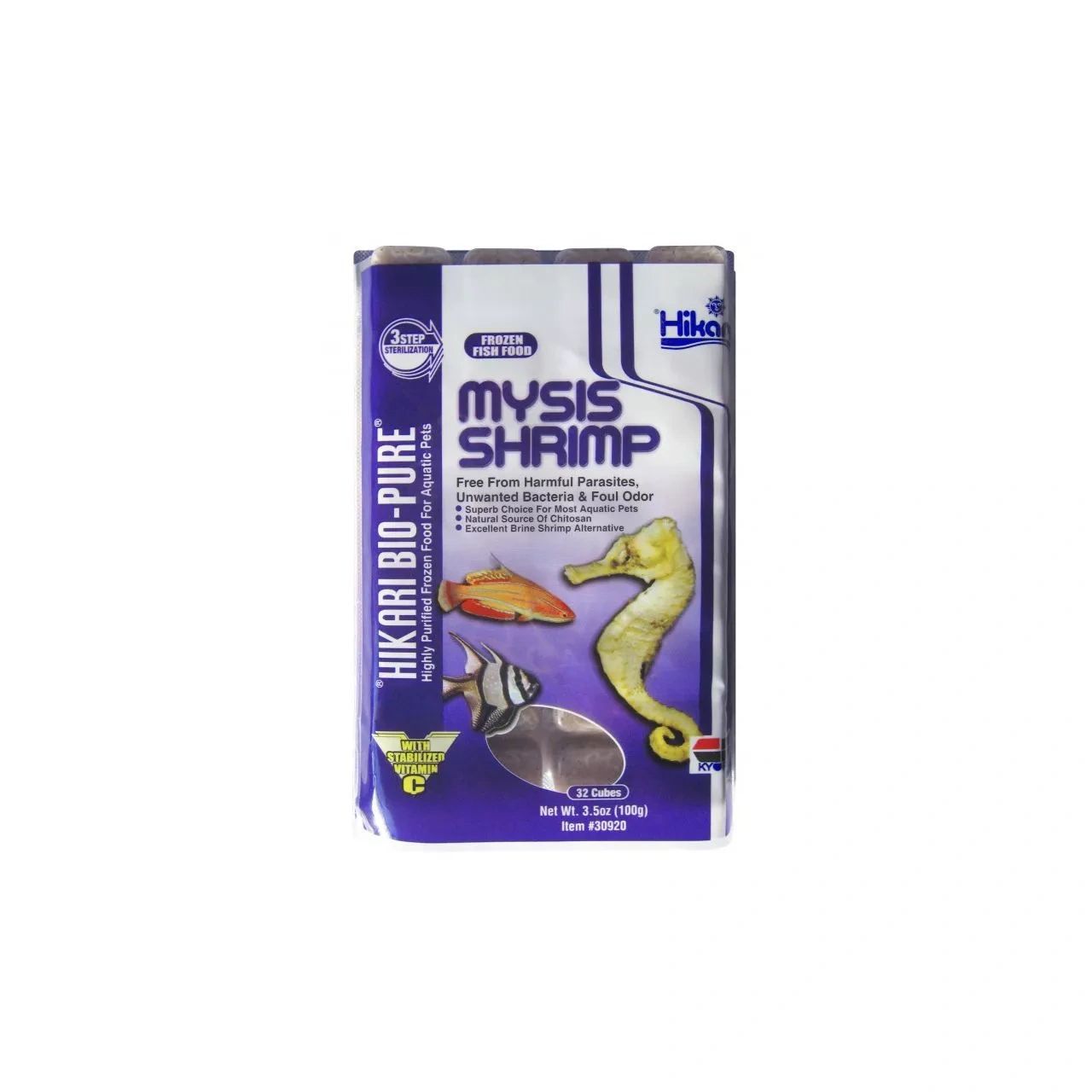 A box of mysis shrimp with a seahorse on it