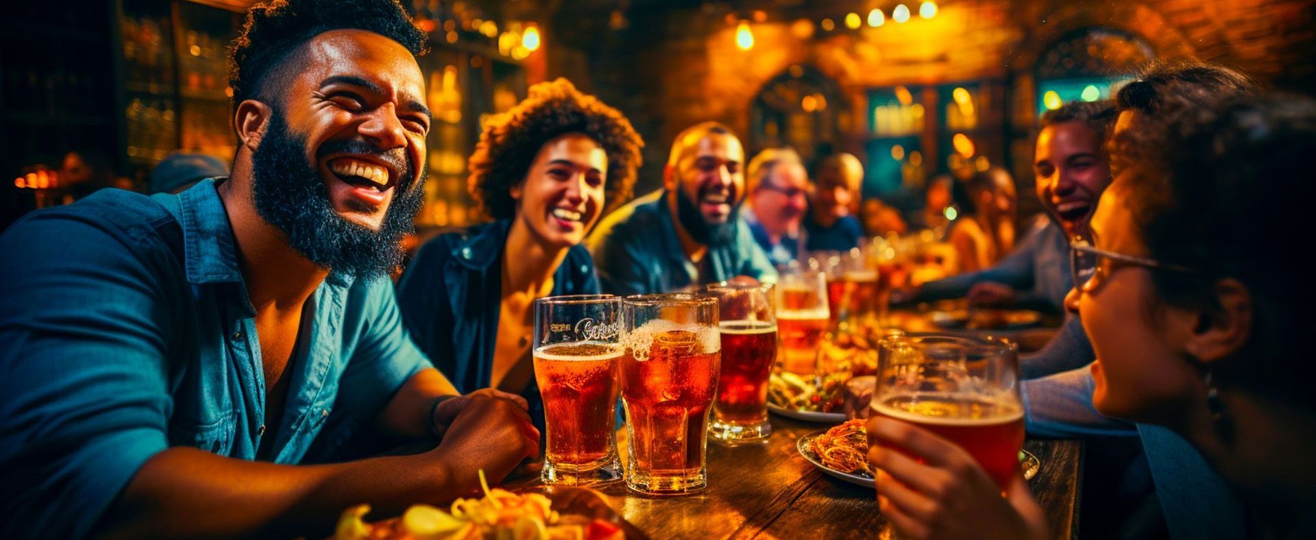 People laughing and drinking beer at a bar. Warm lighting, a wooden table, and glasses filled with amber liquid are in focus.