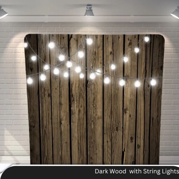 A wooden wall with string lights on it