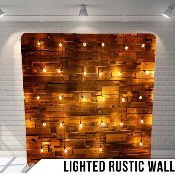 A lighted rustic wall with lights hanging from it