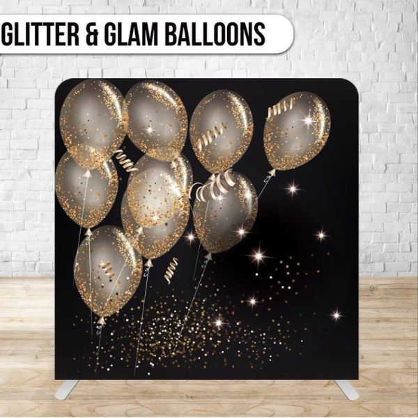 A picture of glitter and glam balloons on a black background